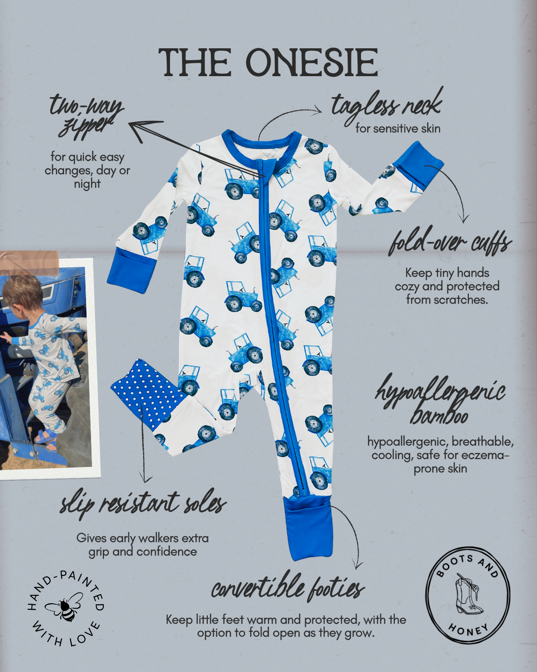 Baby onesie with blue tractor pattern on a gray background with text describing features.