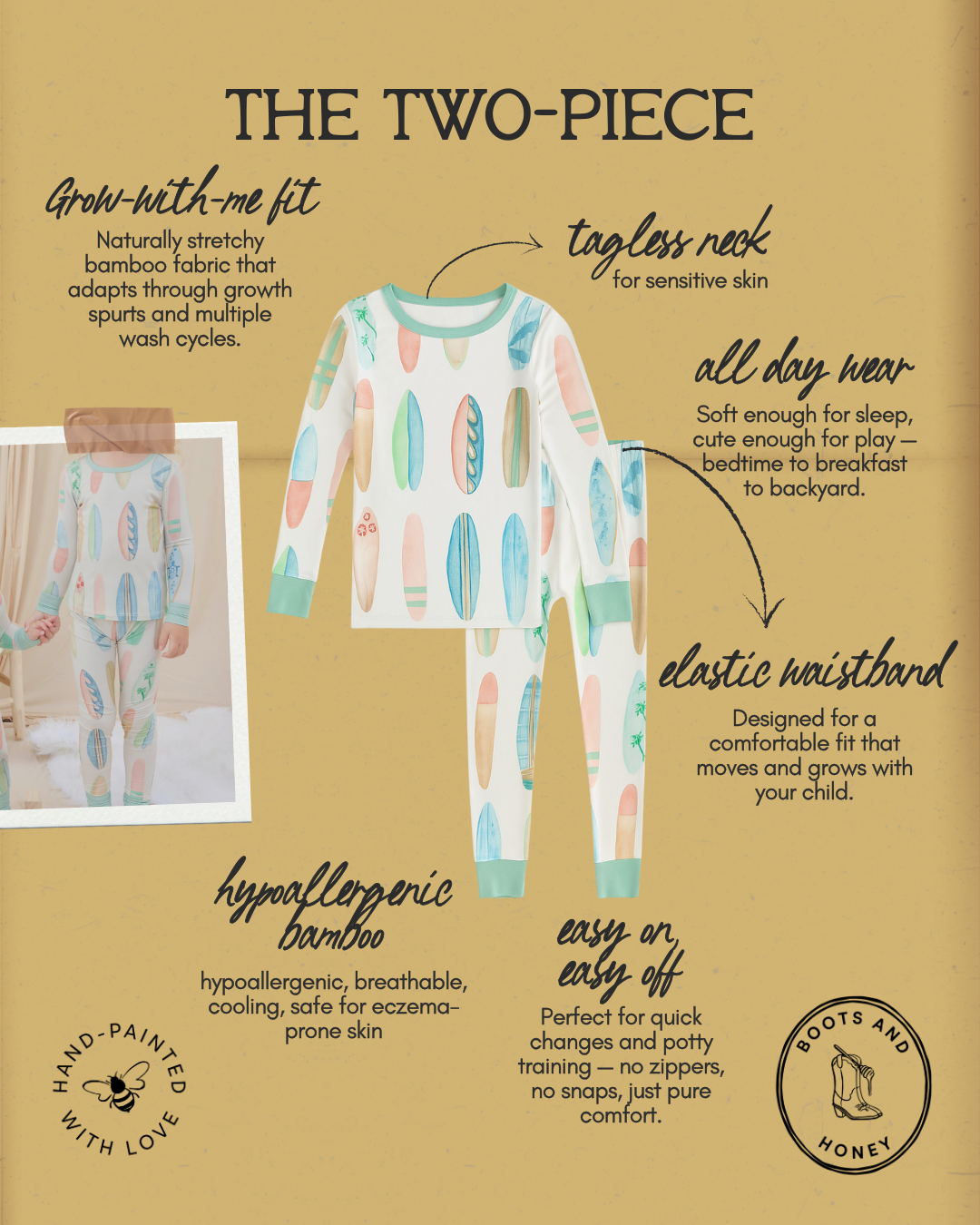 Two-piece pajama set with a hand-painted surfboard pattern on a beige background, featuring text about the product's features.