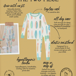 Two-piece pajama set with a hand-painted surfboard pattern on a beige background, featuring text about the product's features.