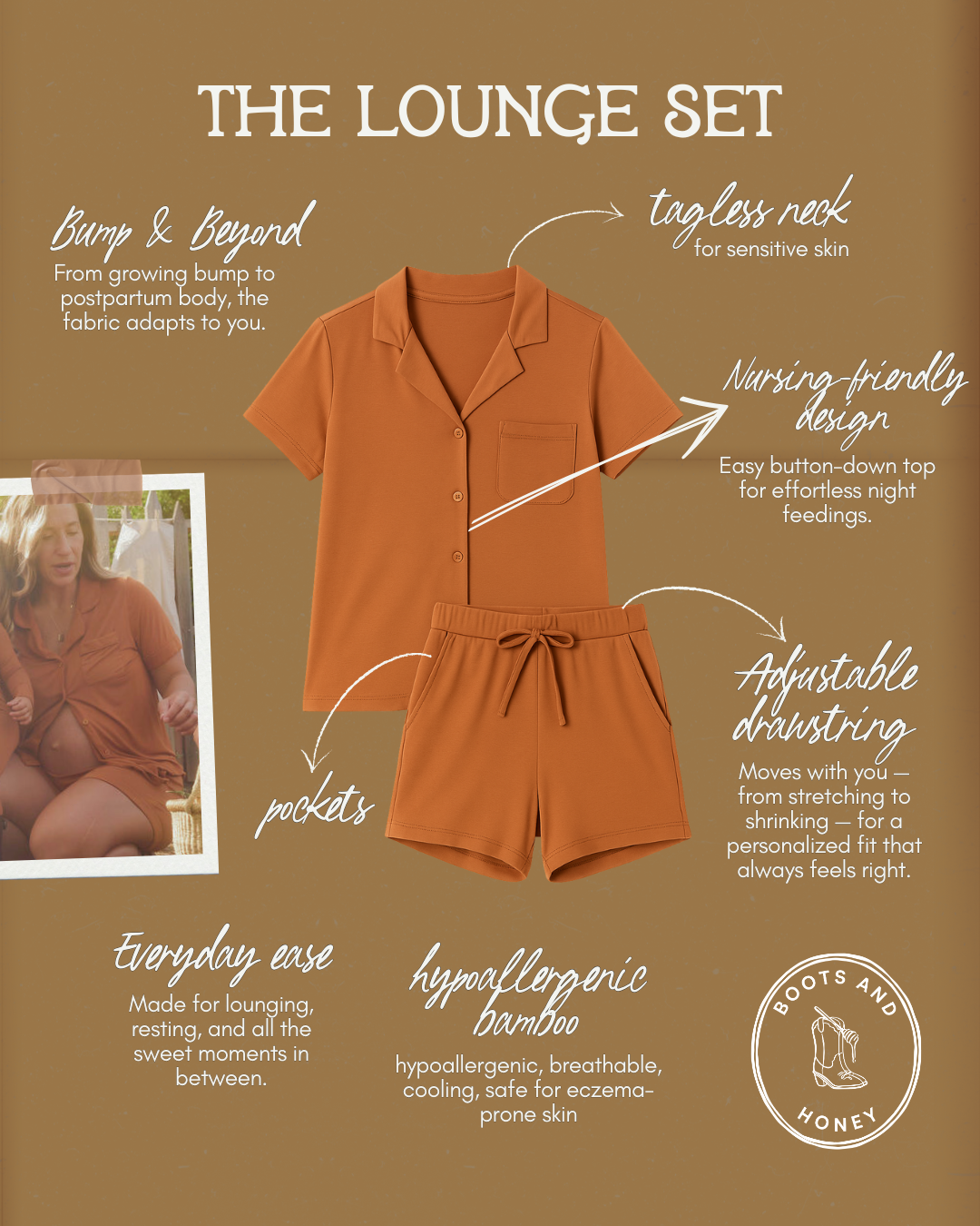Terracotta lounge set with text highlighting features on a brown background, featuring the brand 'Boots and Honey'.